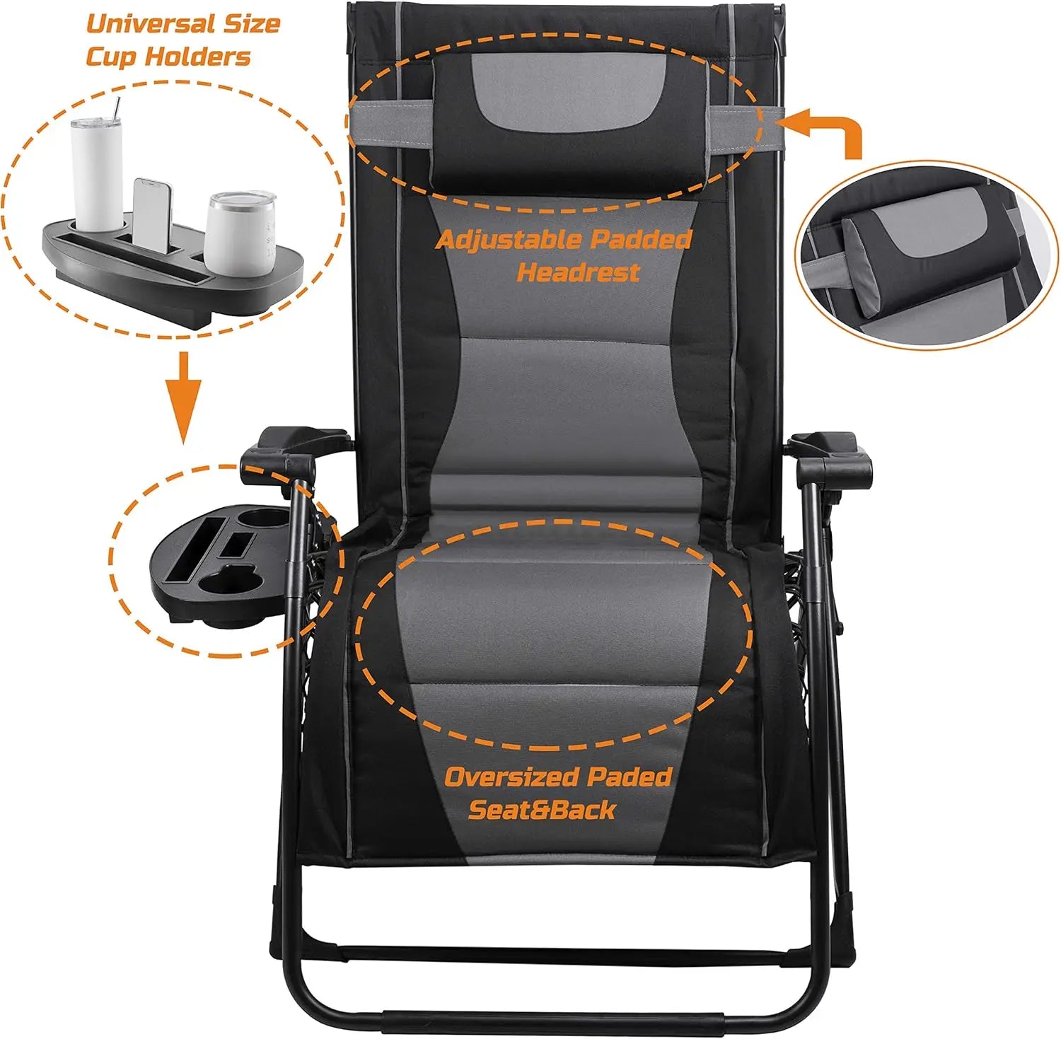 XXL Oversize Recliner Folding Chair Zero Gravity Extra Wide Reclining Padded Seats with Sunshade