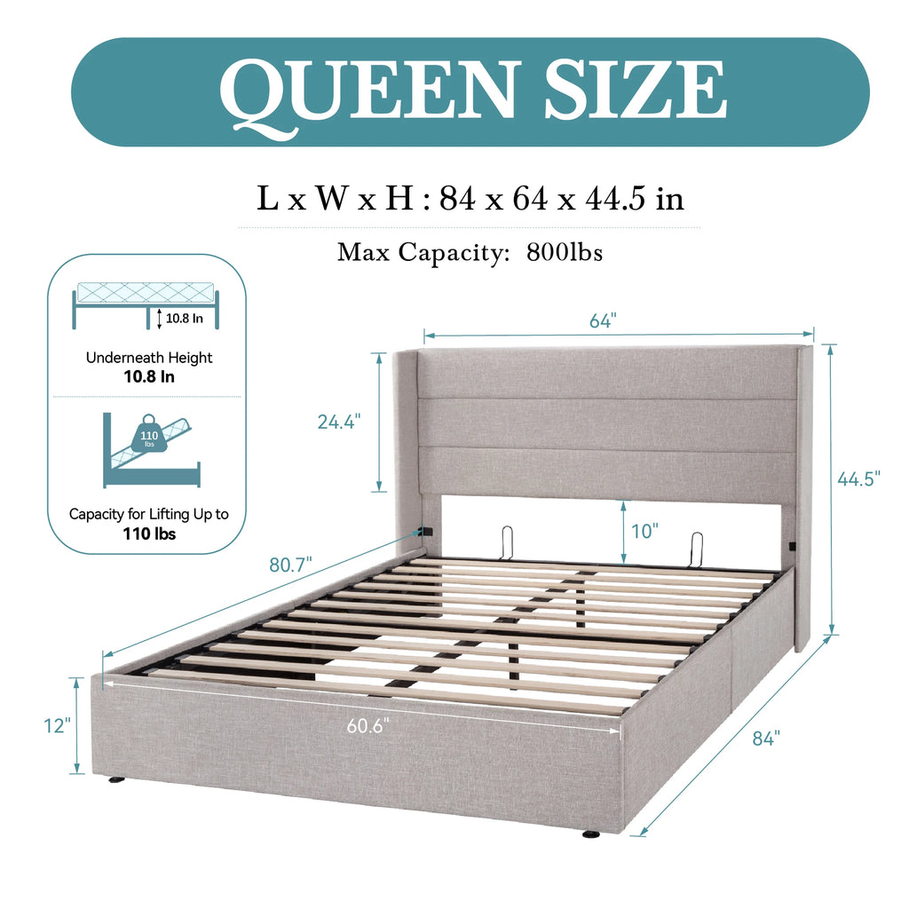 HOOMIC Lift Up Storage Bed with Wingback Headboard/Heavy-Duty Hydraulic Bed/Large Underneath Storage