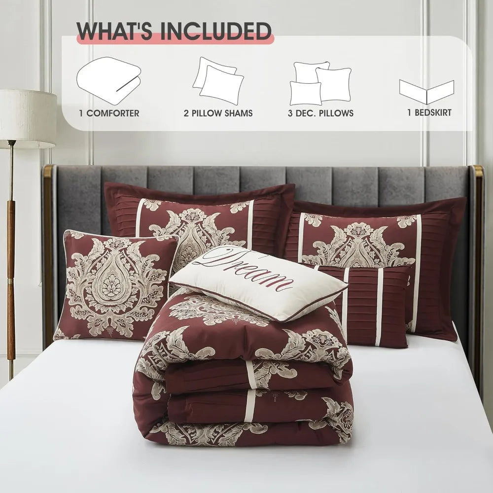 7-Piece Burgundy Jacquard Damask Comforter Set