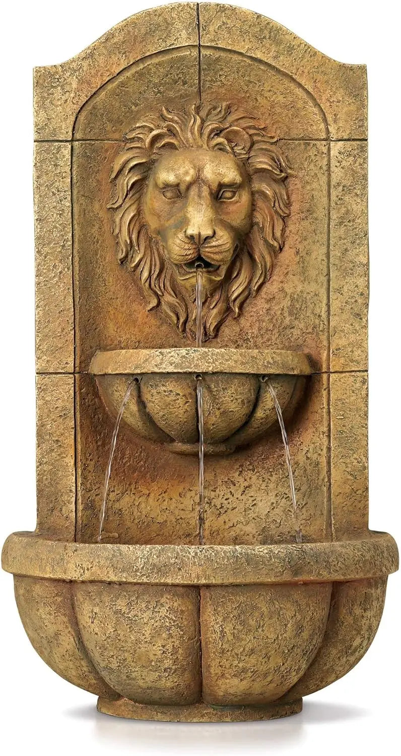 Royal Lion Head Faux Stone Wall Fountain with Light