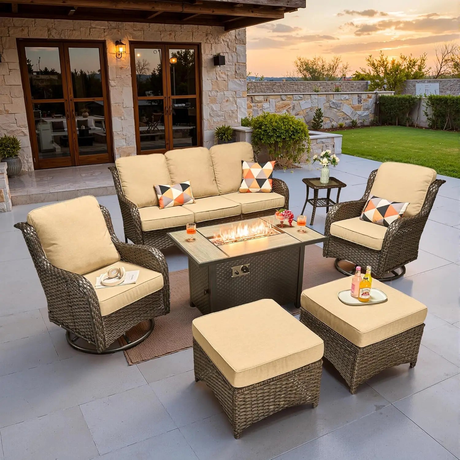 7 Pieces Patio Furniture Set, Outdoor Wicker Sofa Couch with Swivel Chairs 42" Fire Pit Table