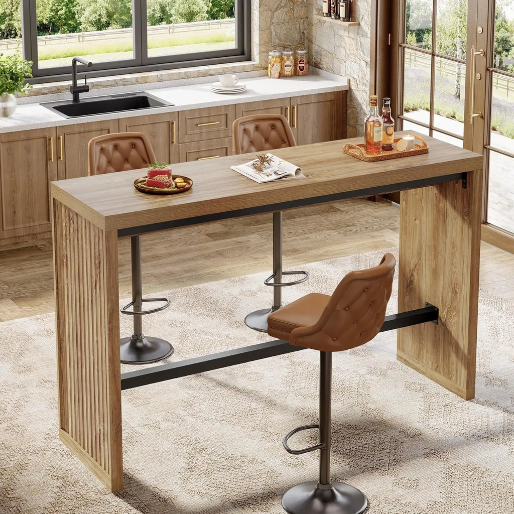 Rectangular Bar Table, 55-Inch Counter Height Pub Table with Metal Footrest
