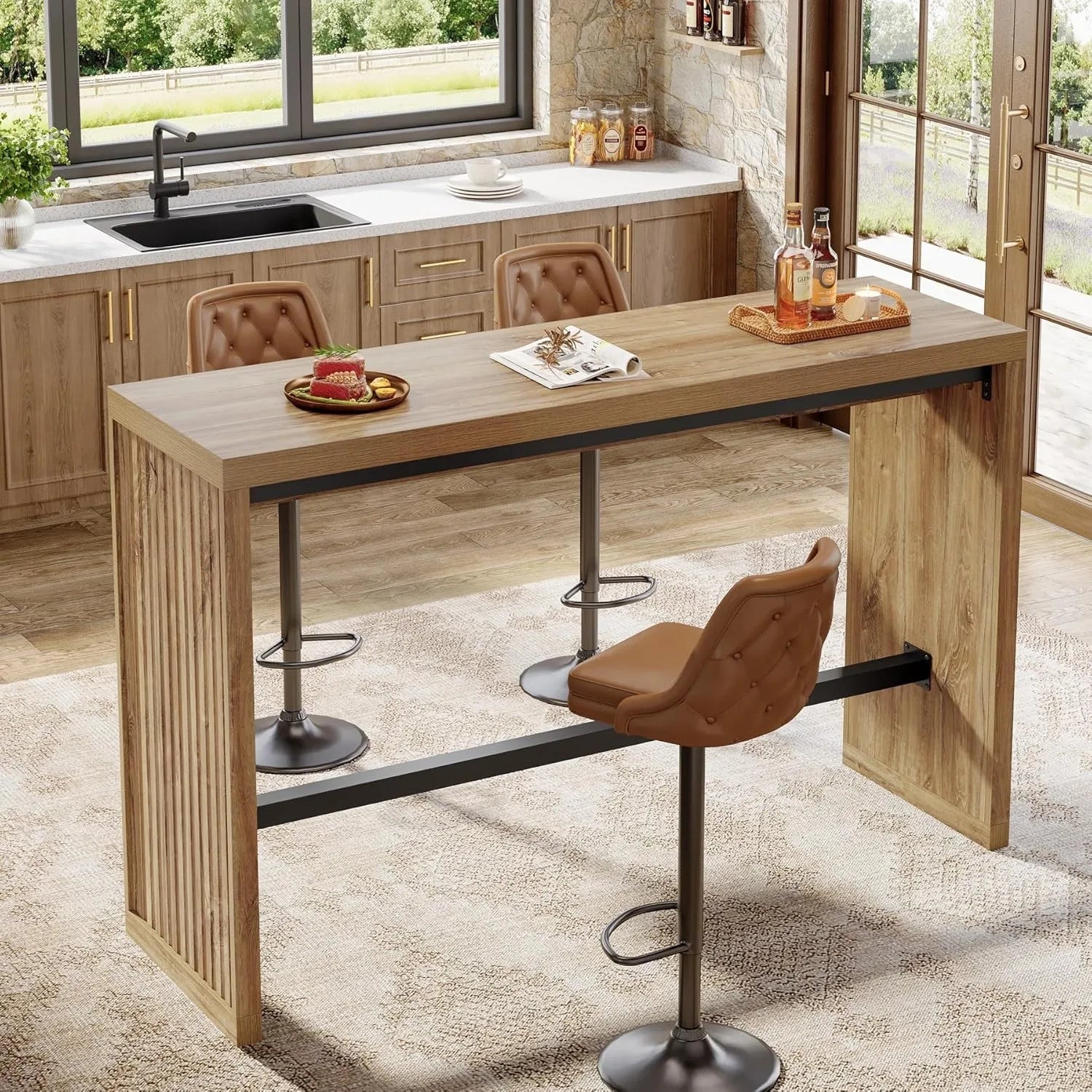 Rectangular Bar Table, 55-Inch Counter Height Pub Table with Metal Footrest
