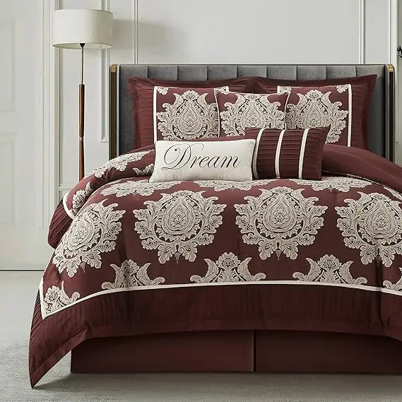 7-Piece Burgundy Jacquard Damask Comforter Set