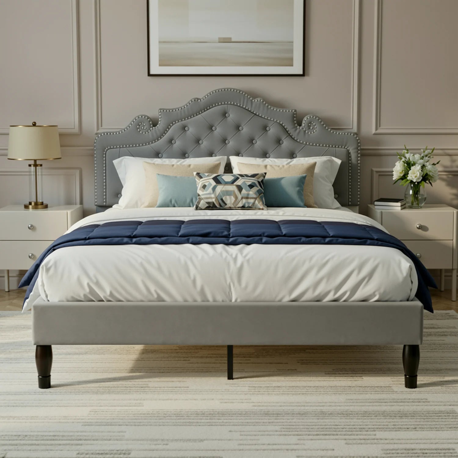 HOOMIC Full/Queen/King Size Velvet Bed Frame with Adjustable Tiara Headboard