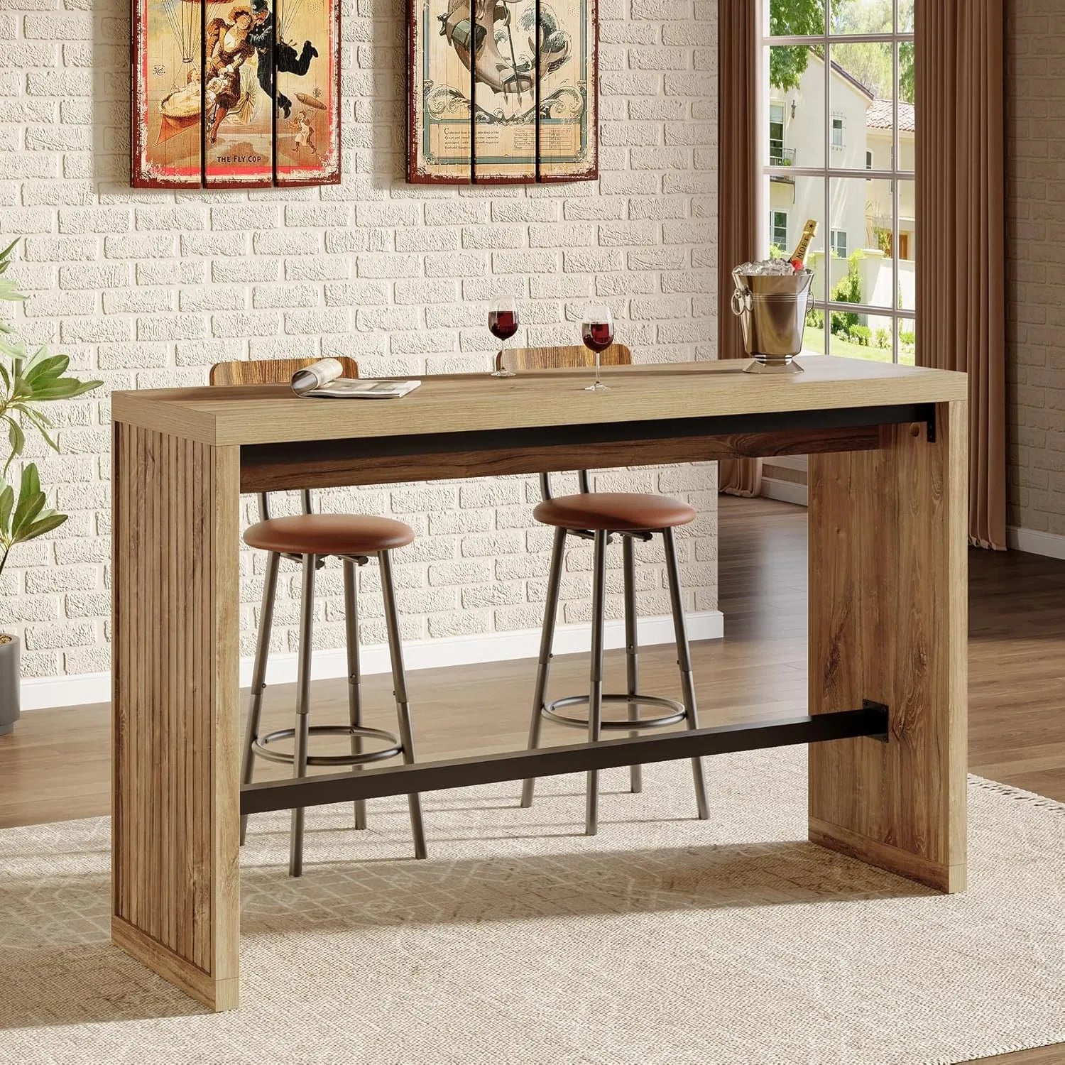 Rectangular Bar Table, 55-Inch Counter Height Pub Table with Metal Footrest
