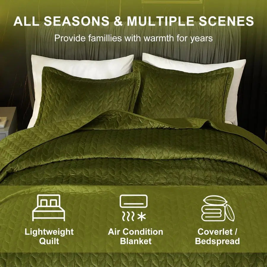 Velvet Quilt Queen Size Green Lightweight Velvet Comforter Set