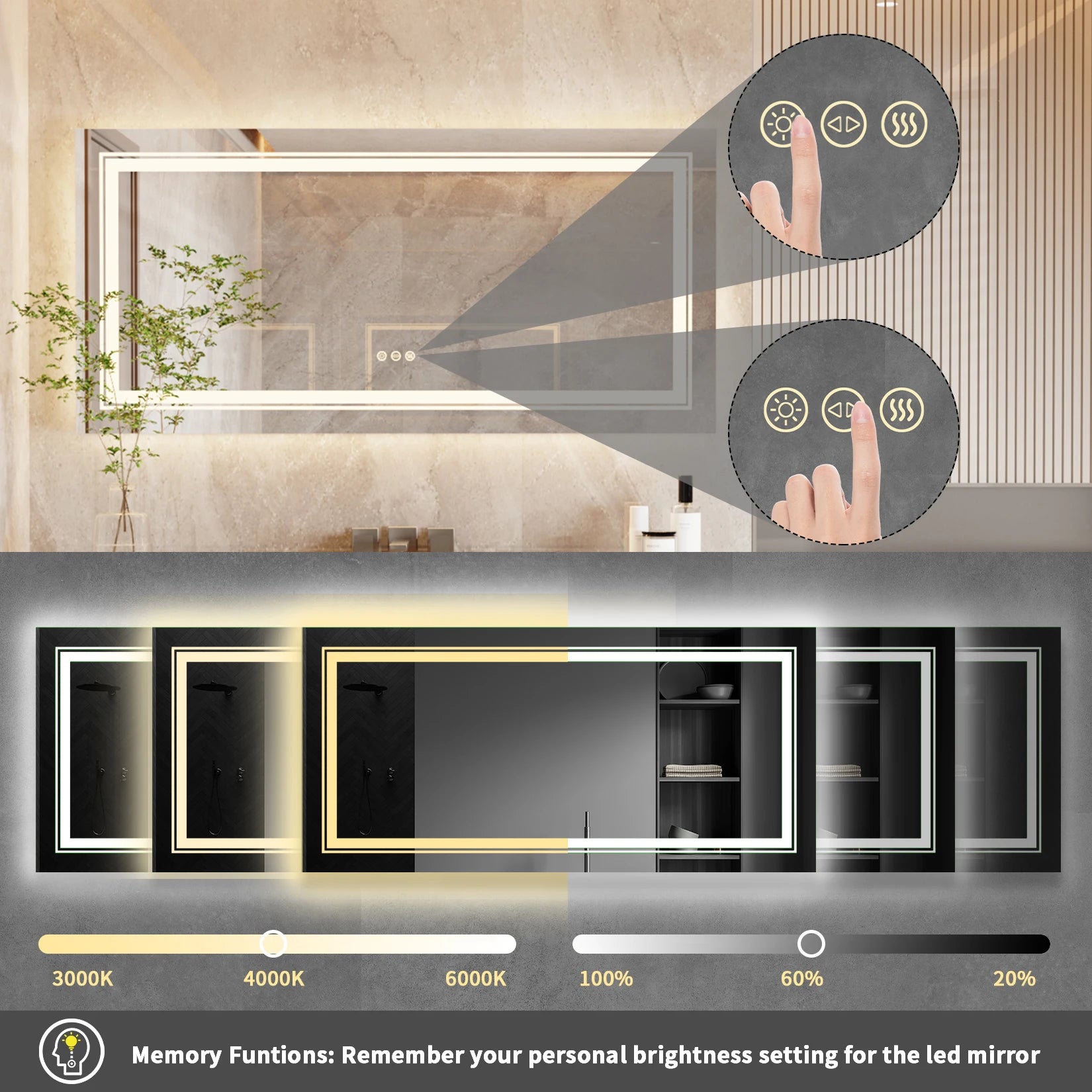 Large Wall-Mounted LED Illuminated Bathroom Mirror