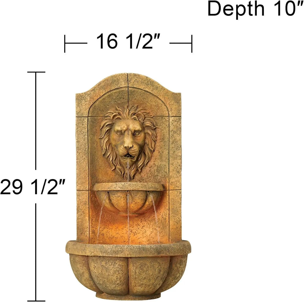 Royal Lion Head Faux Stone Wall Fountain with Light