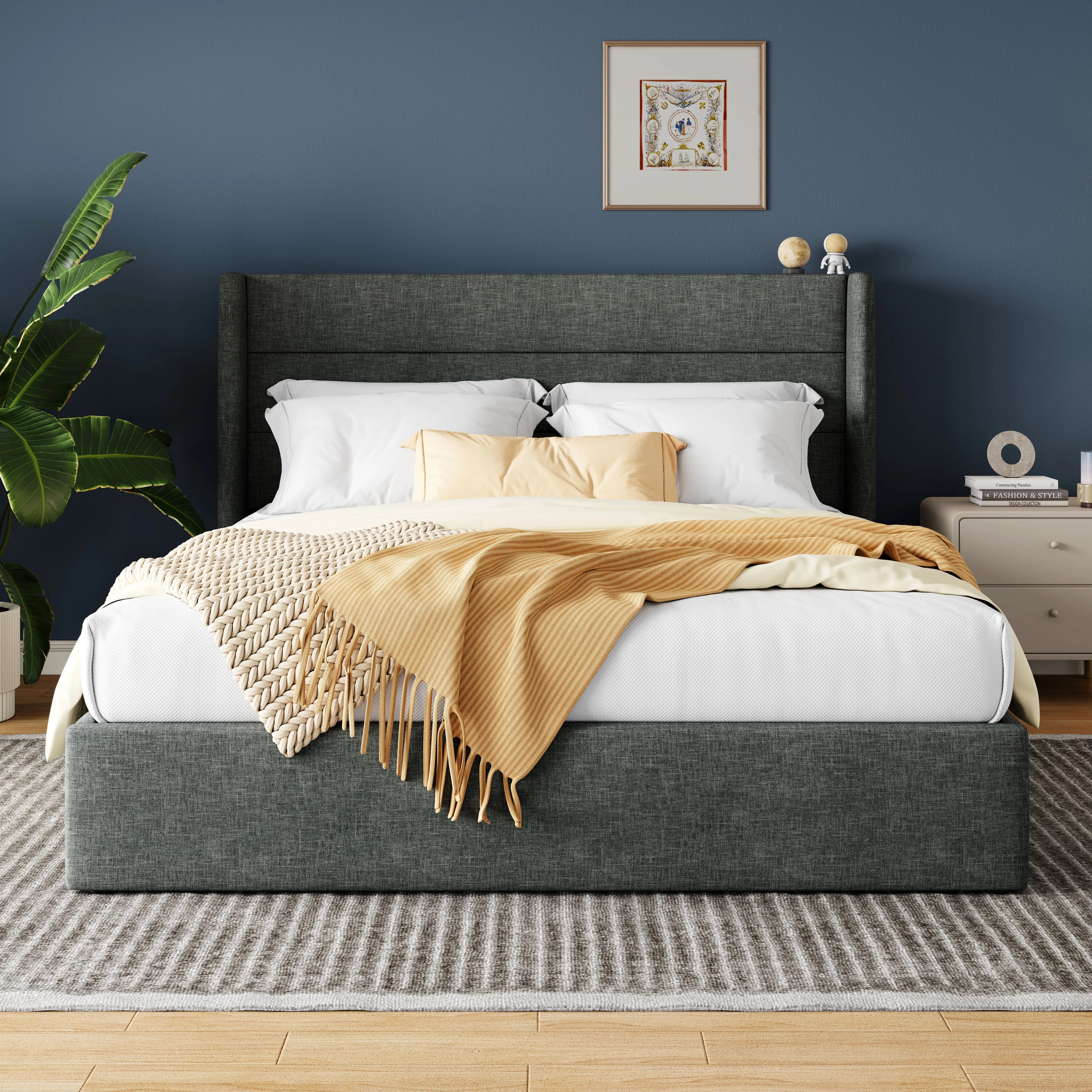 HOOMIC Lift Up Storage Bed with Wingback Headboard/Heavy-Duty Hydraulic Bed/Large Underneath Storage
