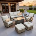 7 Pieces Patio Furniture Set, Outdoor Wicker Sofa Couch with Swivel Chairs 42" Fire Pit Table