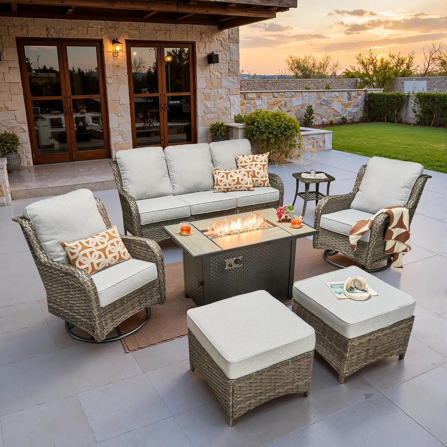 7 Pieces Patio Furniture Set, Outdoor Wicker Sofa Couch with Swivel Chairs 42" Fire Pit Table