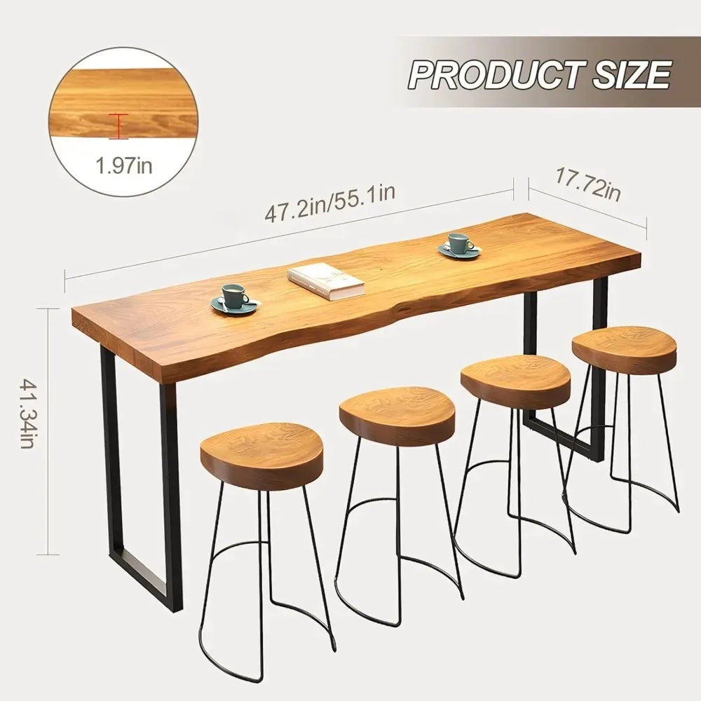 55 Inch Live Edge Solid Wood Bar Table with Metal Legs