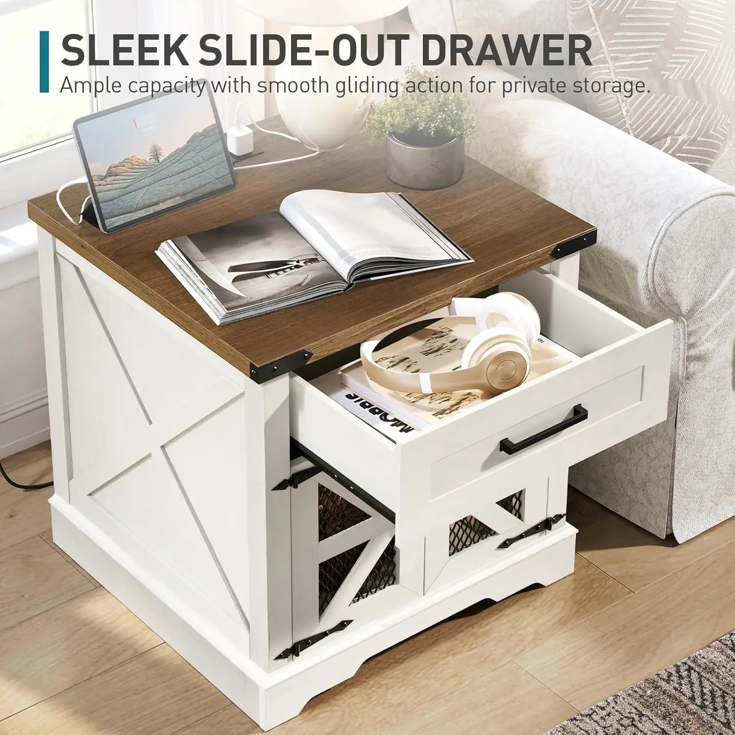 White Farmhouse End Table Charging Station