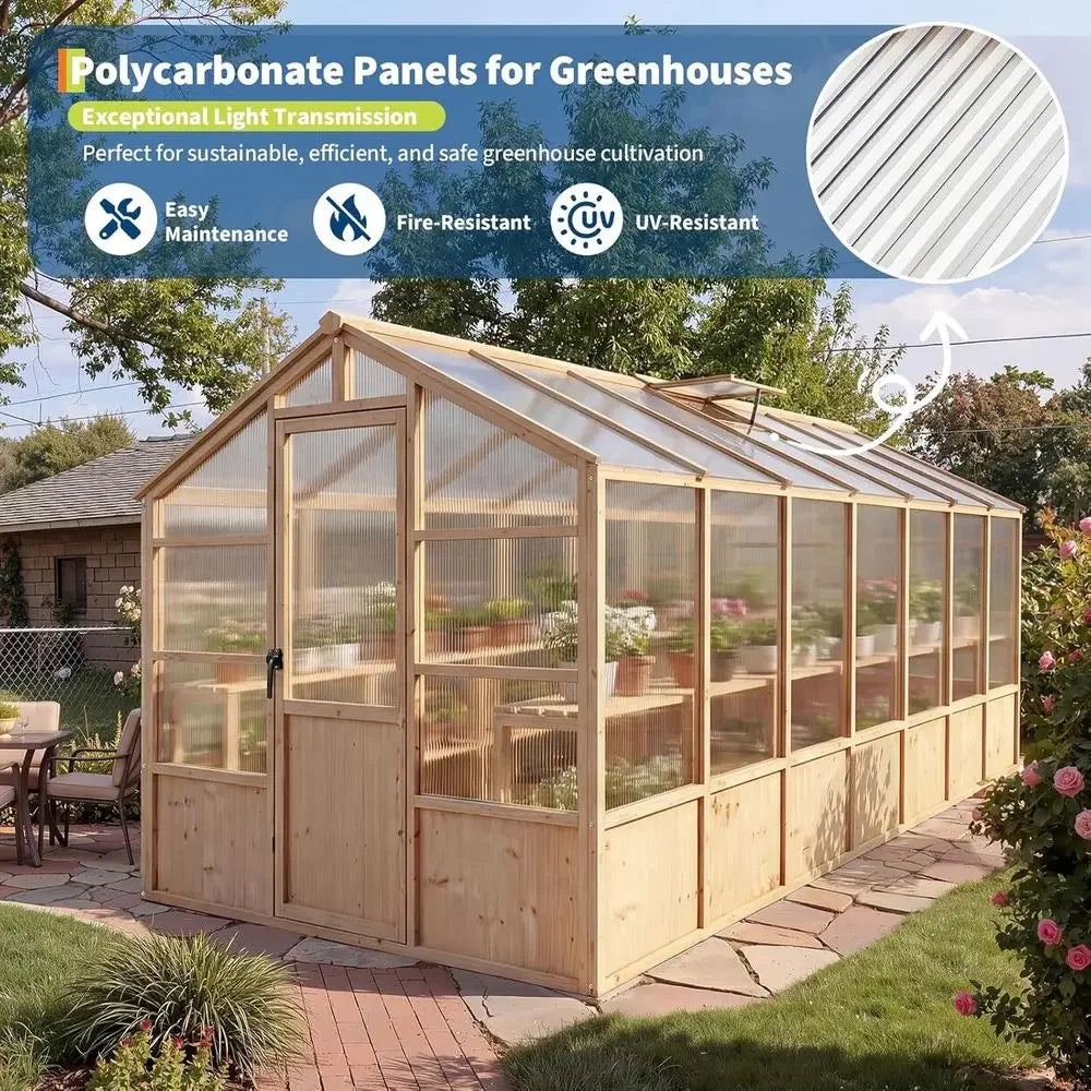 8x14 T Wooden Greenhouse or Outdoor, Walk-in Greenhouse Kit with Ventilated Window & Lockable Door & Polyte Panels