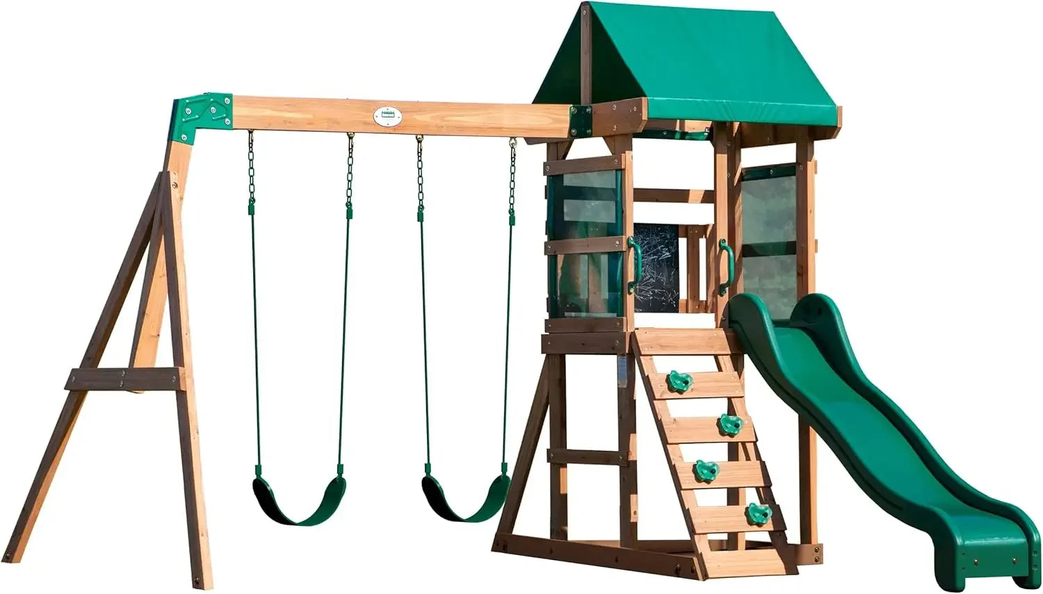 Buckley Hill Cedar Wood Swing Set with Wave Slide, Play Deck, Rock Wall Ladder, Belt Swings, Chalkboard,