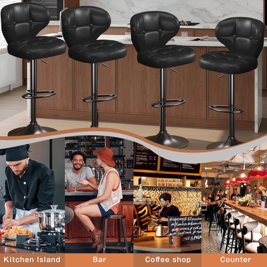 Bar Stools Set of 4, Adjustable Swivel Counter Height Chairs with Backrest and Footrest, Faux Leather