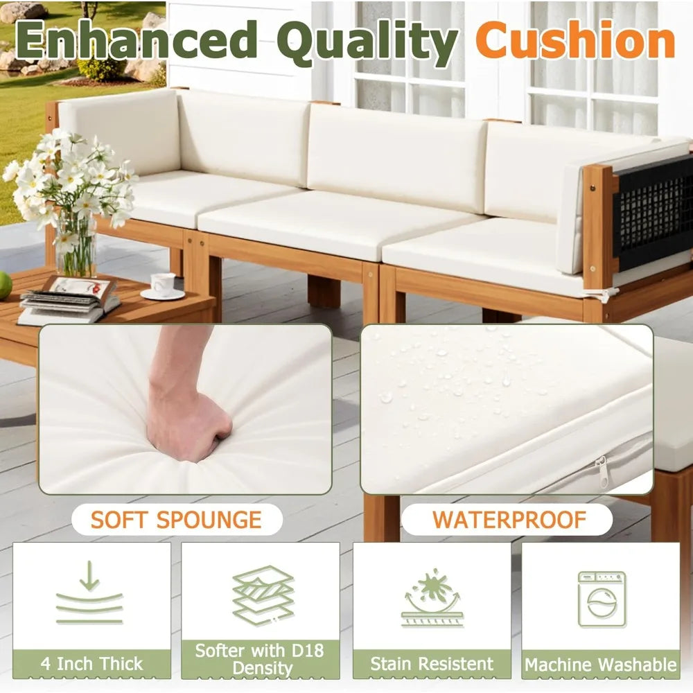 7 Piece Acacia Wood Patio Sofa, Outdoor Sectional Coach and Love Seat with Coffee Table
