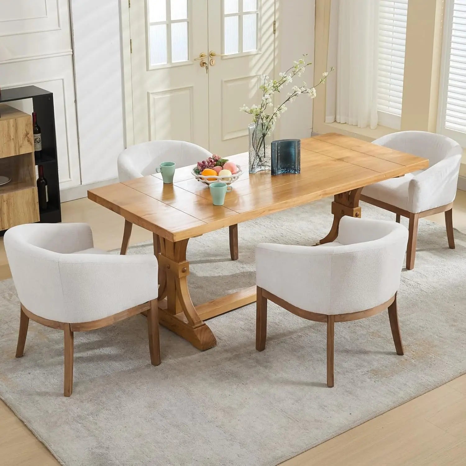 Mid Century Modern Dining Chairs Set of 4,Linen Upholstered Barrel Dining Chairs with Arms