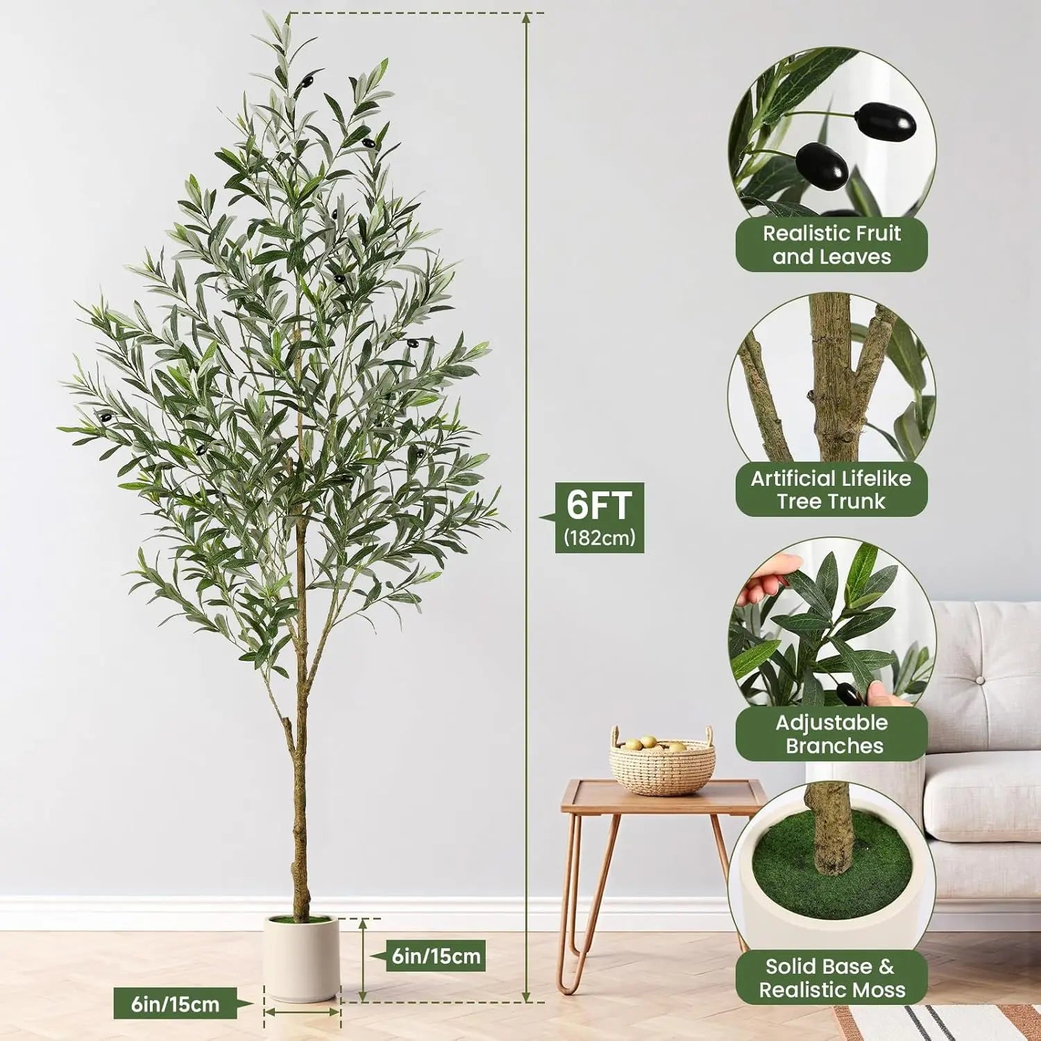 6FT Artificial Olive Tree with Lifelike Trunk and Fruits,