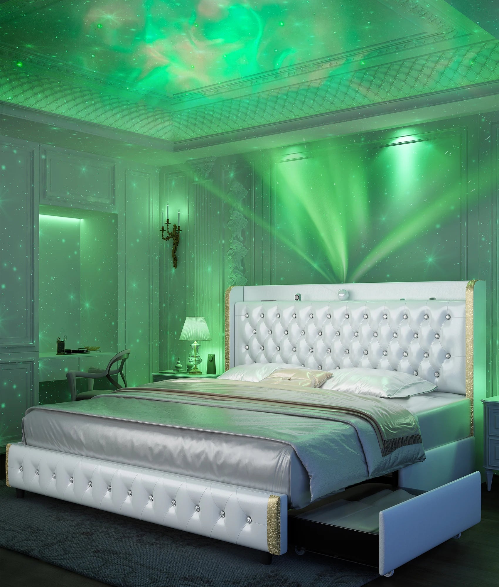 GEGOFORU Queen LED Bed Frame with Galaxy Projector, Bluetooth Speaker, USB Ports, 4 Drawers
