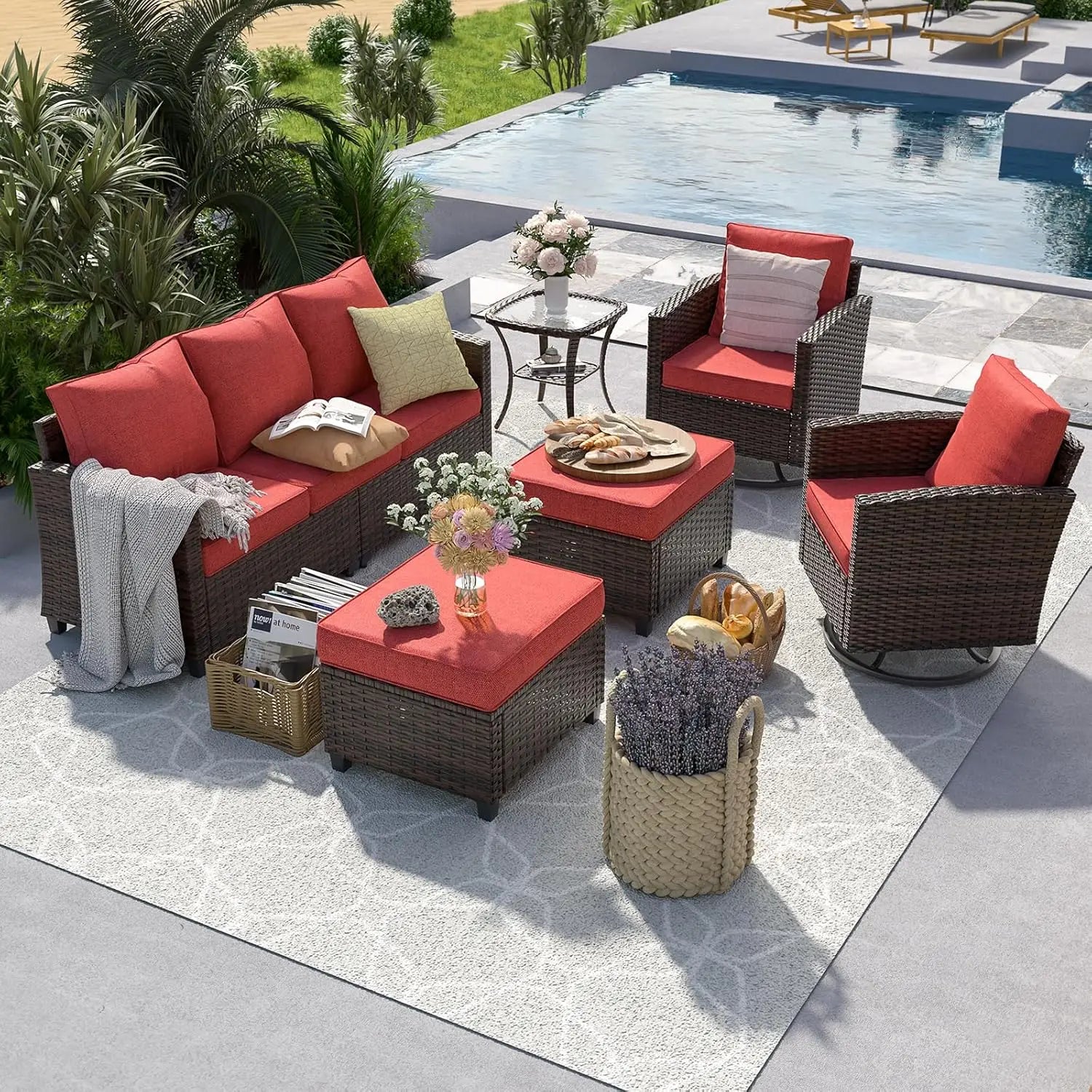 6pc Gray PE Rattan Sectional Sofa Set Swivel Chair & Side Table 4" Cushions