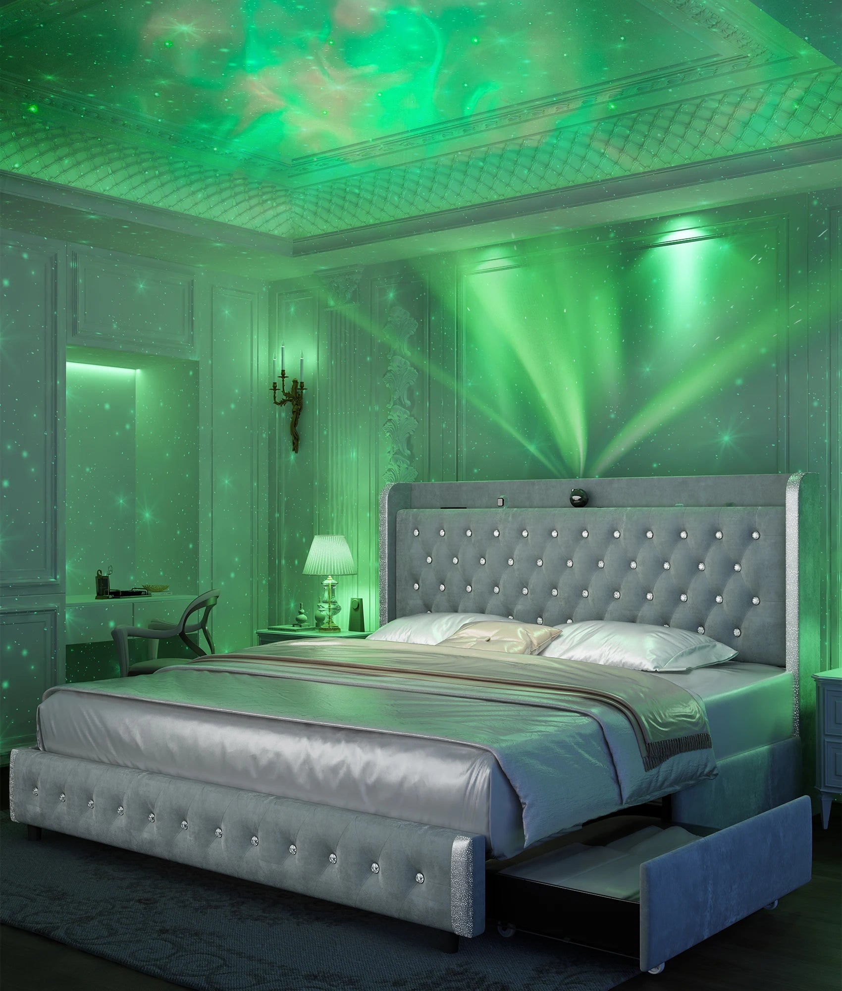GEGOFORU Queen LED Bed Frame with Galaxy Projector, Bluetooth Speaker, USB Ports, 4 Drawers