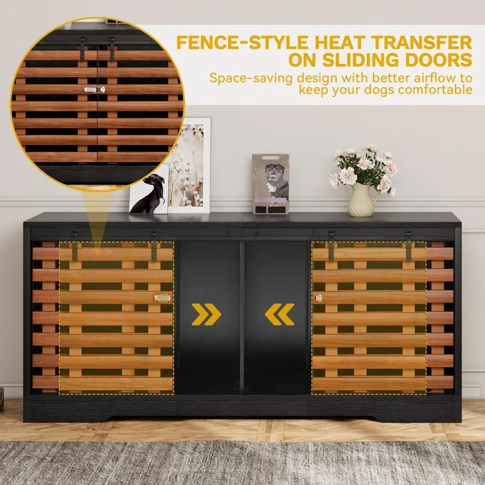 71" Double Dog Crate Furniture with Sliding Door, Heavy Duty Dual Kennel TV Stand for Large Dogs, Black & Walnut