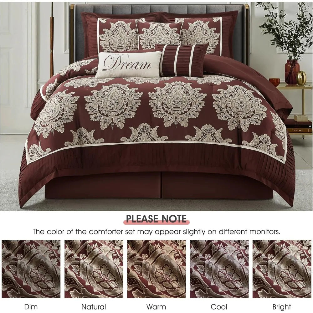 7-Piece Burgundy Jacquard Damask Comforter Set