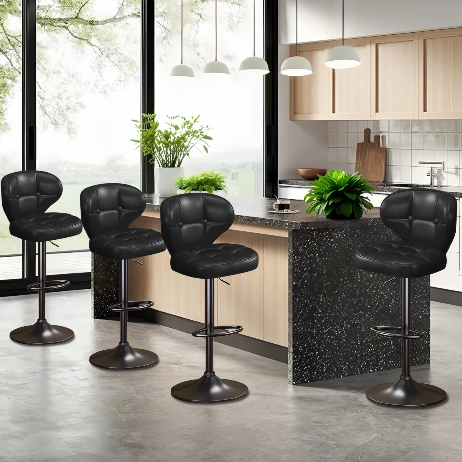 Bar Stools Set of 4, Adjustable Swivel Counter Height Chairs with Backrest and Footrest, Faux Leather