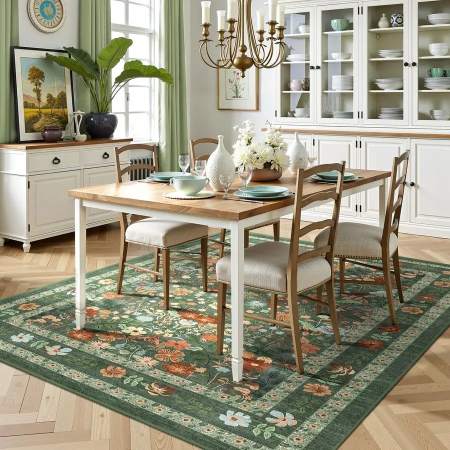 Green Floral Area Rug 5x7 Vintage Boho Washable