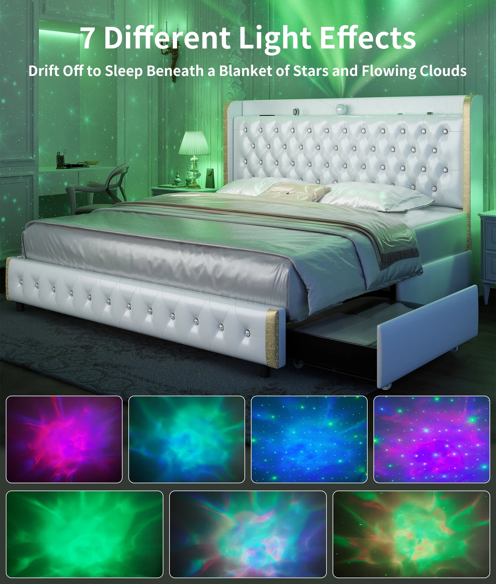 GEGOFORU Queen LED Bed Frame with Galaxy Projector, Bluetooth Speaker, USB Ports, 4 Drawers