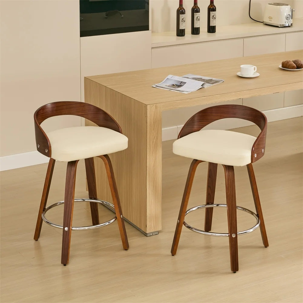 2 PCS Bar Pub Stools Set 360-degree Swivel Barstools with Low Back Wood Legs Chairs with Soft Cushion Seat Footrest