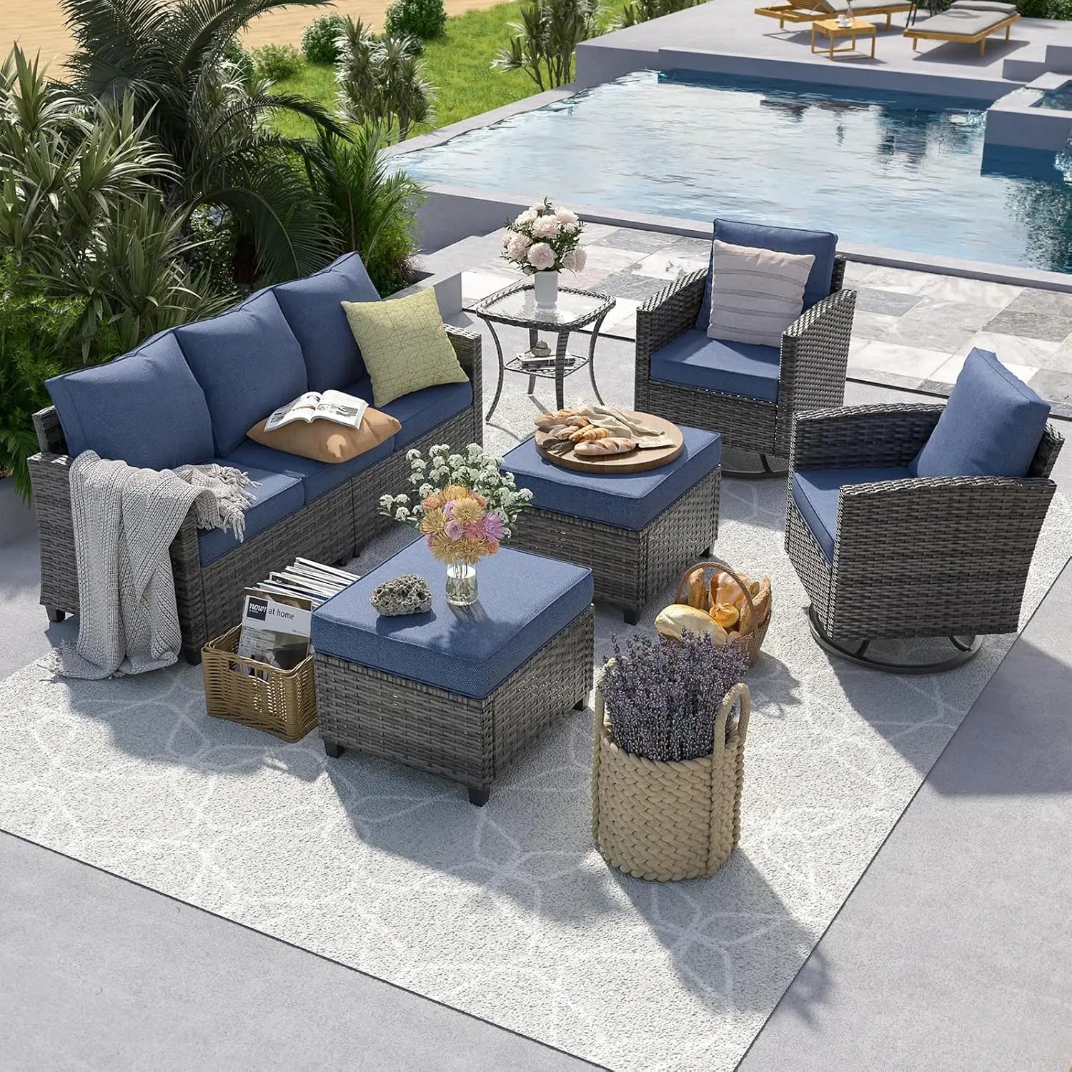 6pc Gray PE Rattan Sectional Sofa Set Swivel Chair & Side Table 4" Cushions