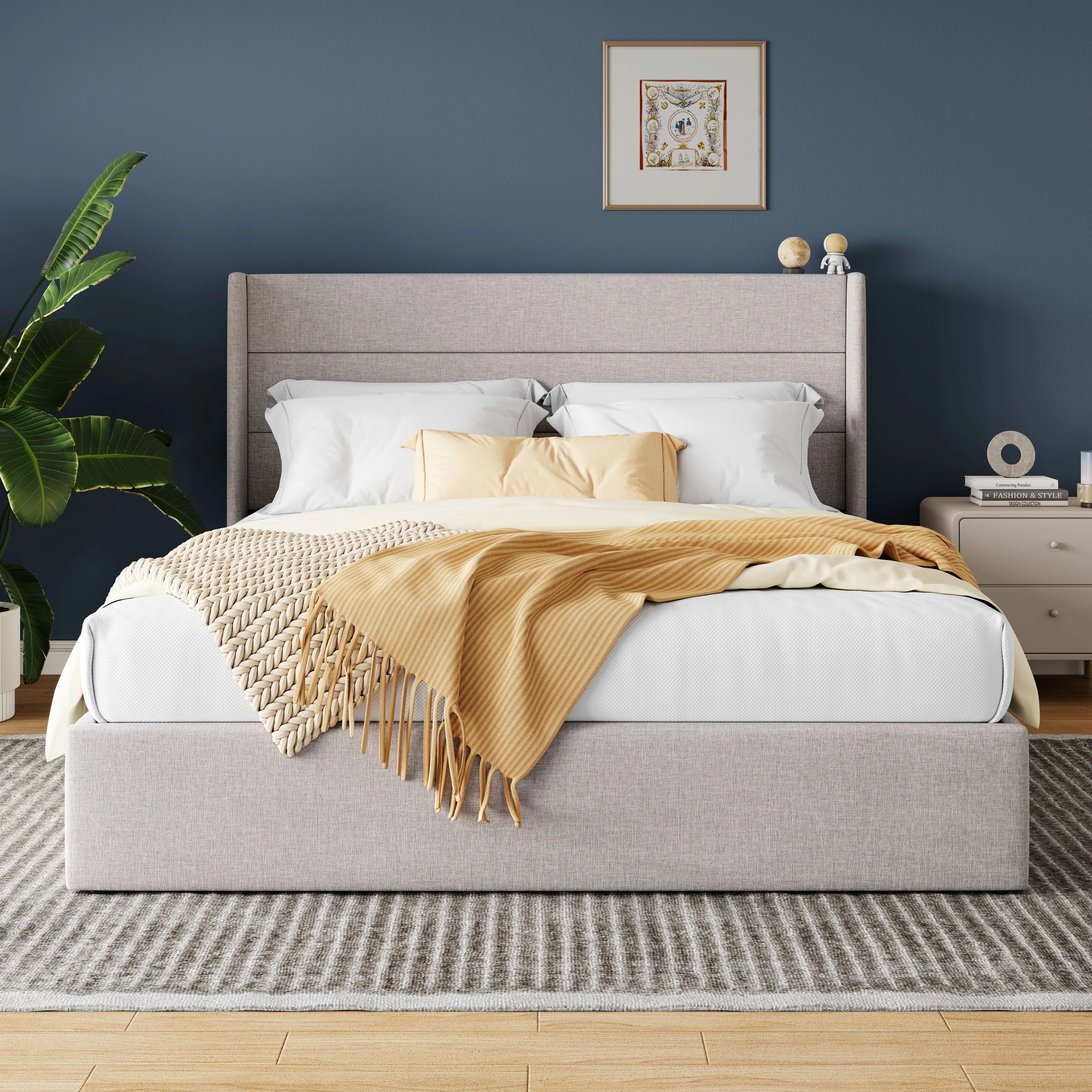 HOOMIC Lift Up Storage Bed with Wingback Headboard/Heavy-Duty Hydraulic Bed/Large Underneath Storage