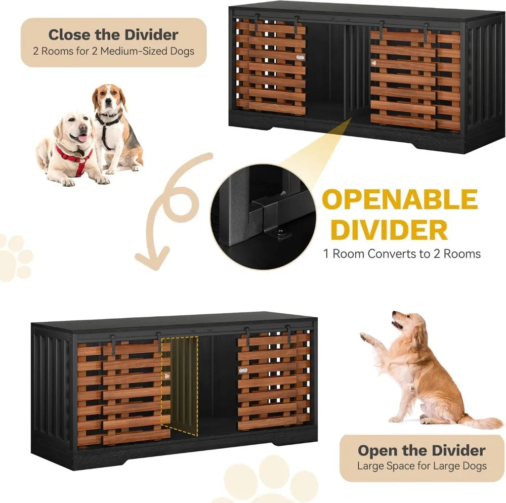 71" Double Dog Crate Furniture with Sliding Door, Heavy Duty Dual Kennel TV Stand for Large Dogs, Black & Walnut