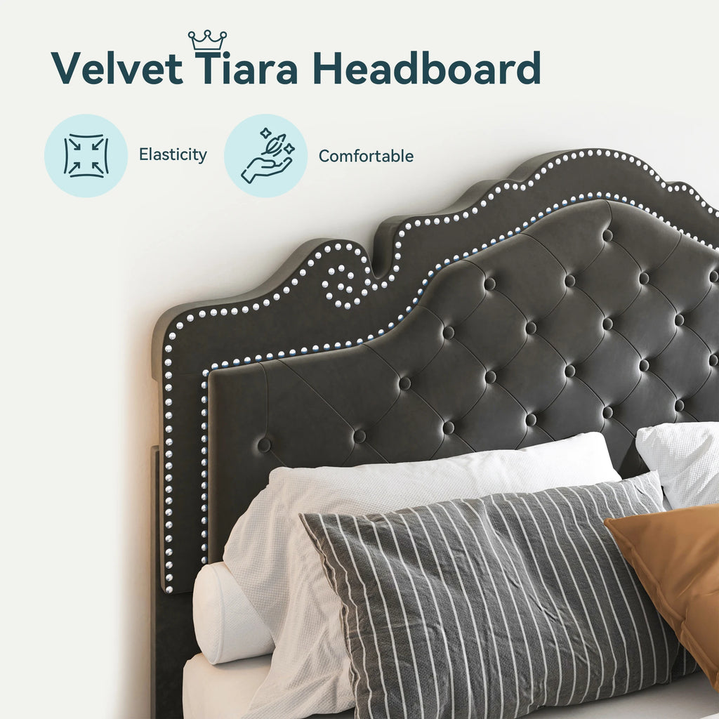 HOOMIC Full/Queen/King Size Velvet Bed Frame with Adjustable Tiara Headboard