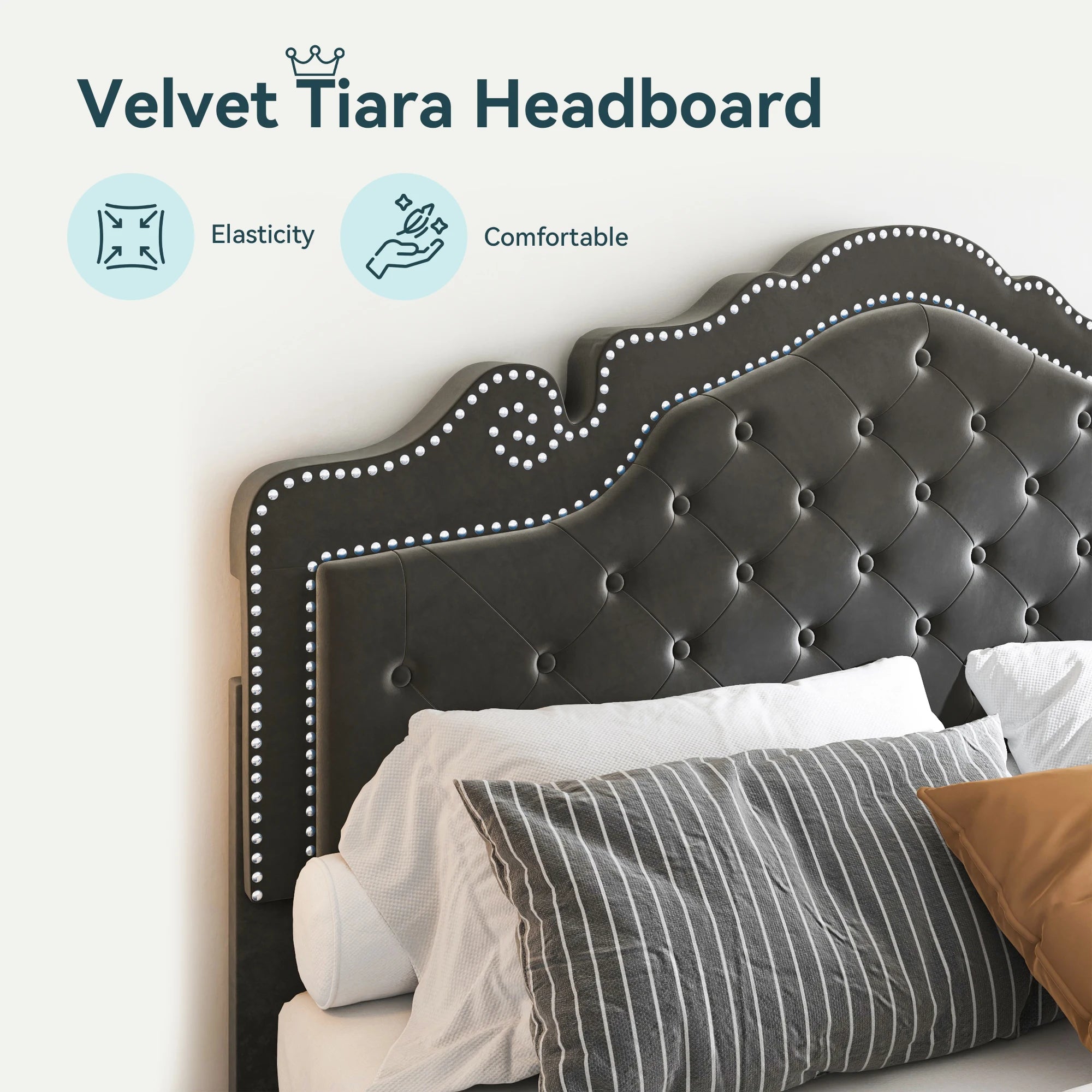 HOOMIC Full/Queen/King Size Velvet Bed Frame with Adjustable Tiara Headboard