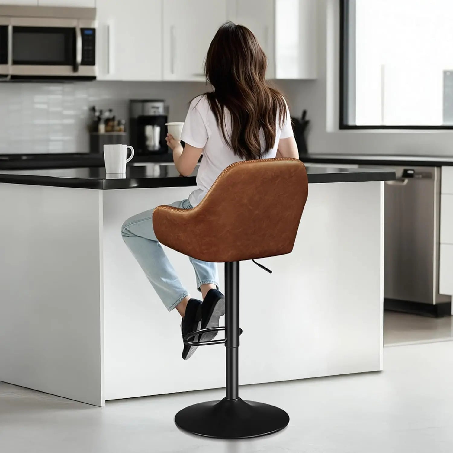 Bar Stools Set of 2, PU Leather Swivel Counter Height Barstools, Adjustable Bar Chairs with Backrest and Footrest,, Customized