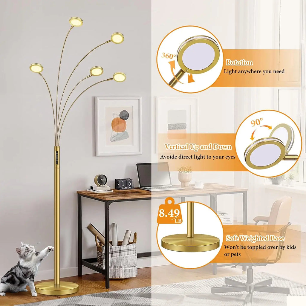 GOLD ADJUSTABLE ARMS LED TALL FLOOR LAMP REMOTE CONTROL DIMMABLE