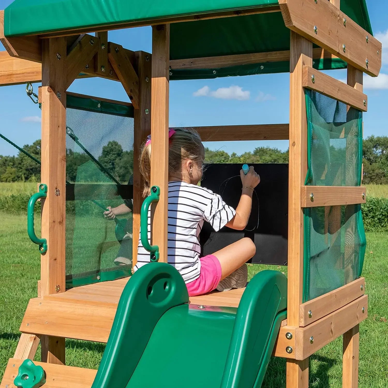 Buckley Hill Cedar Wood Swing Set with Wave Slide, Play Deck, Rock Wall Ladder, Belt Swings, Chalkboard,