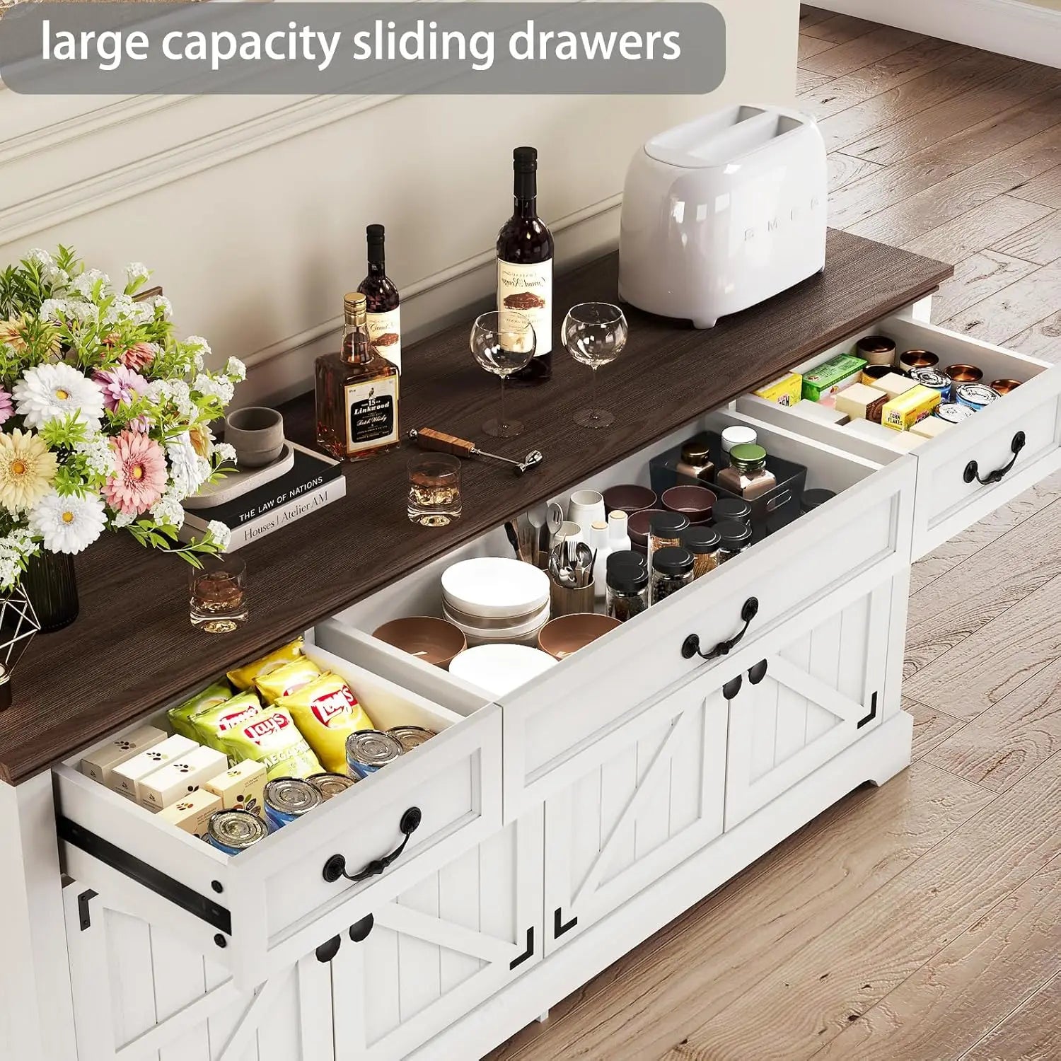 Farmhouse Sideboard Buffet Cabinet with Barn Doors, 64.6'' Wooden Storage Cabinet