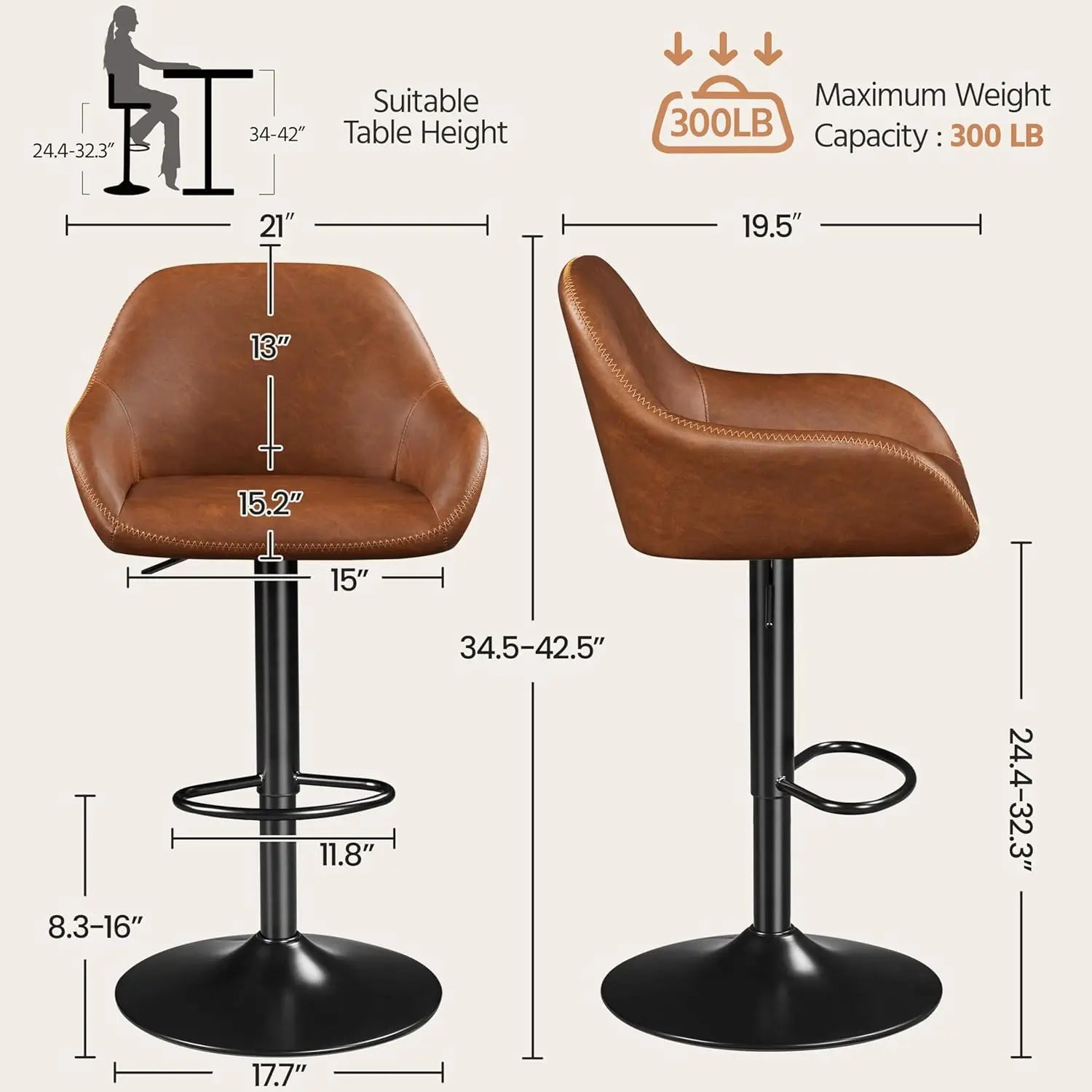 Bar Stools Set of 2, PU Leather Swivel Counter Height Barstools, Adjustable Bar Chairs with Backrest and Footrest,, Customized