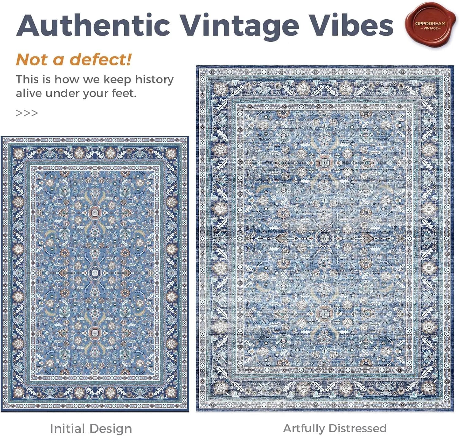 Vintage Blue 5x7 Washable Rug, Non-Slip Low-Pile Faux Wool Carpet for Living Room, Bedroom, Kitchen