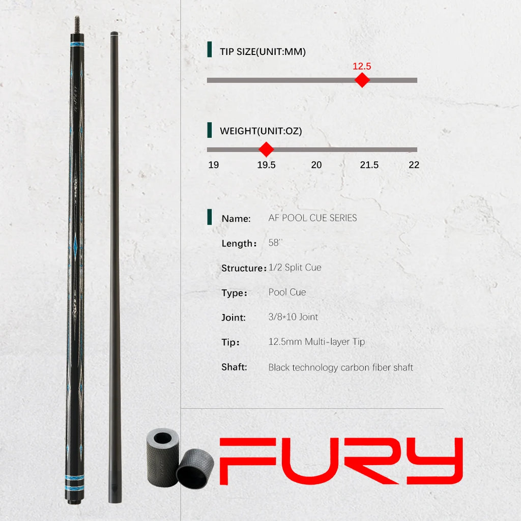 Fury Carbon Fiber Pool Cue Stick 58" Billiard Cue Professional Low Deflection