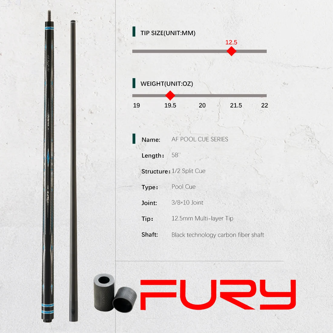 Fury Carbon Fiber Pool Cue Stick 58" Billiard Cue Professional Low Deflection