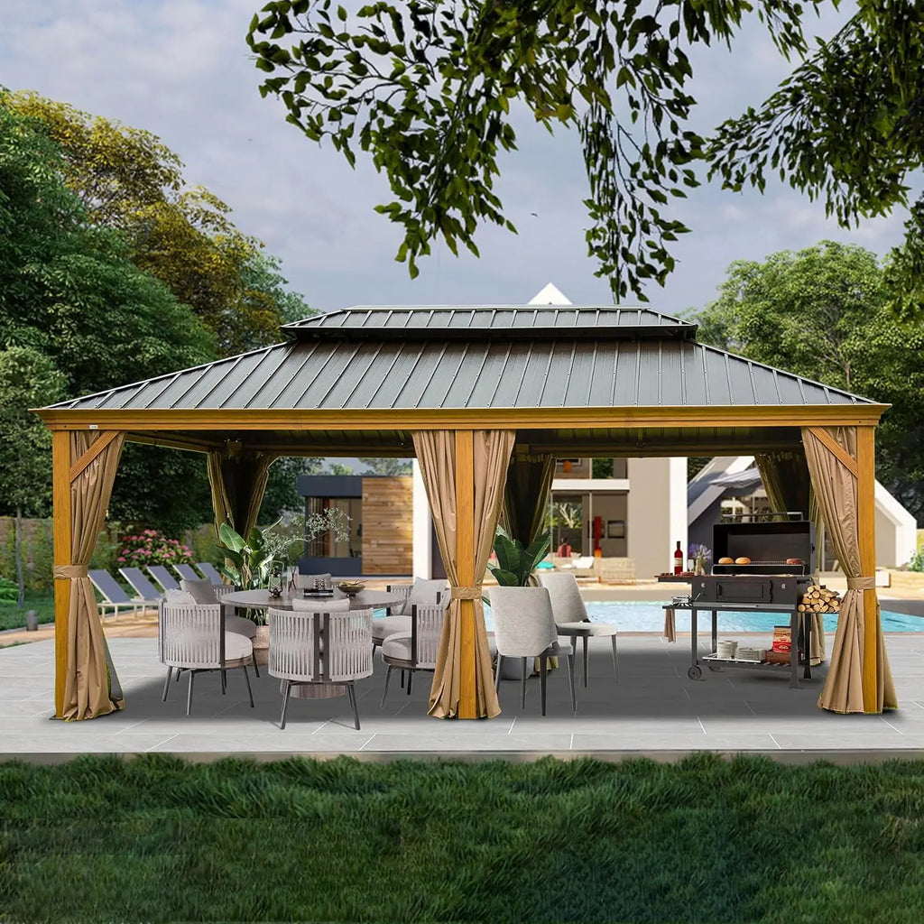14’x20’ Hardtop Gazebo, Wooden Coated Aluminum Frame Canopy with Galvanized Steel Double Roof