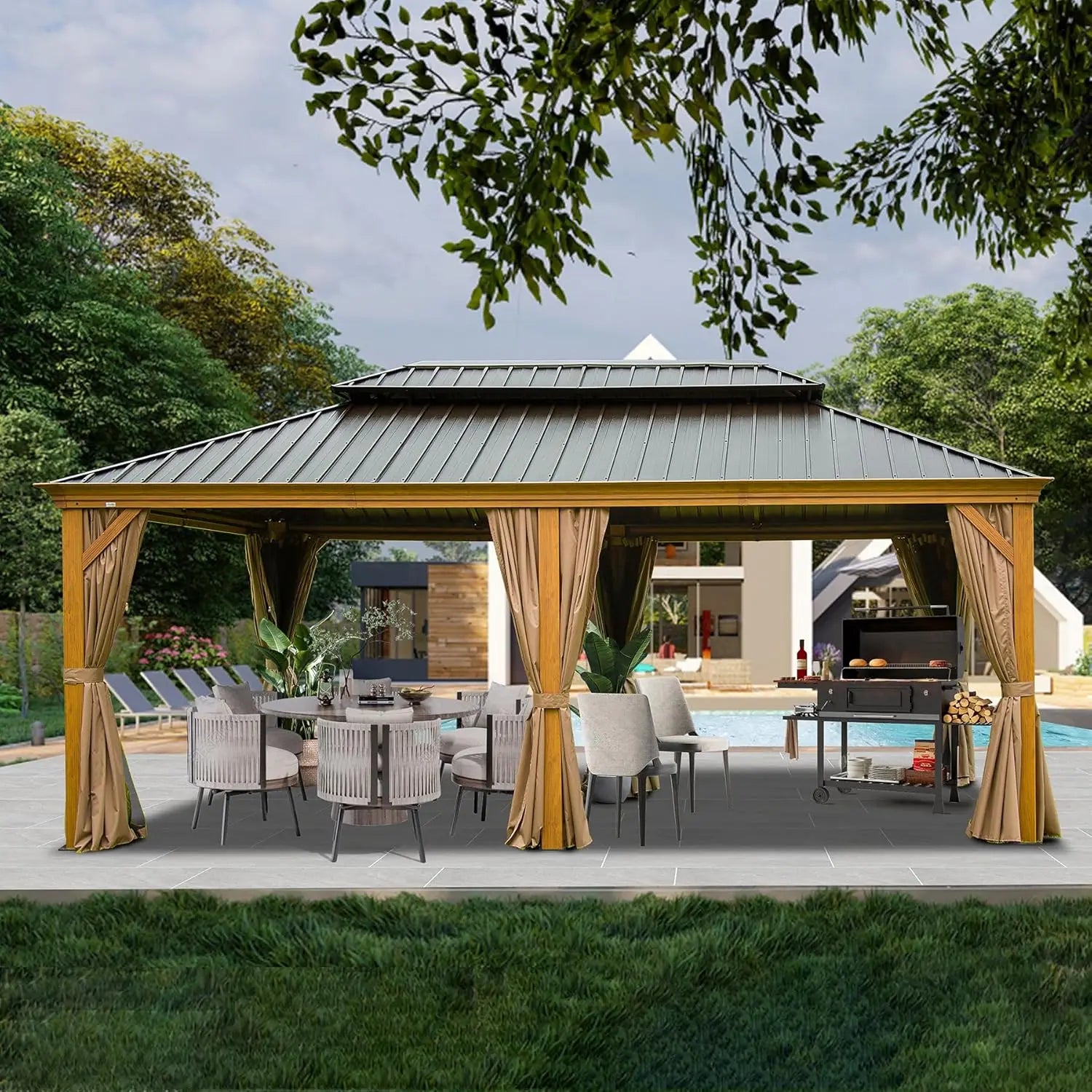 14’x20’ Hardtop Gazebo, Wooden Coated Aluminum Frame Canopy with Galvanized Steel Double Roof