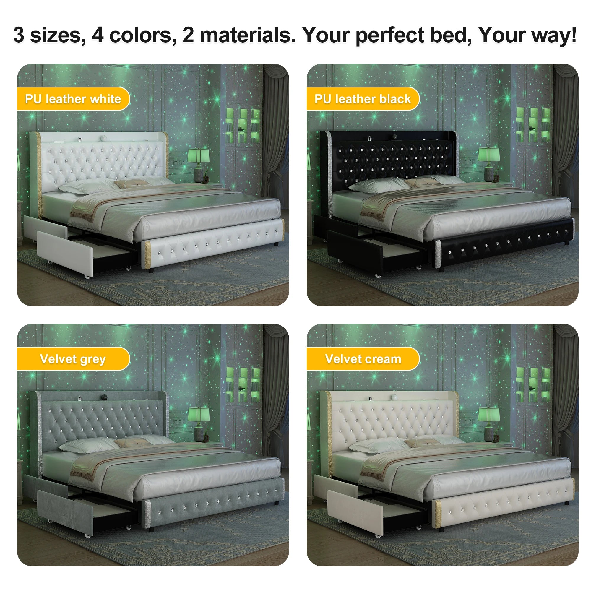 GEGOFORU Queen LED Bed Frame with Galaxy Projector, Bluetooth Speaker, USB Ports, 4 Drawers