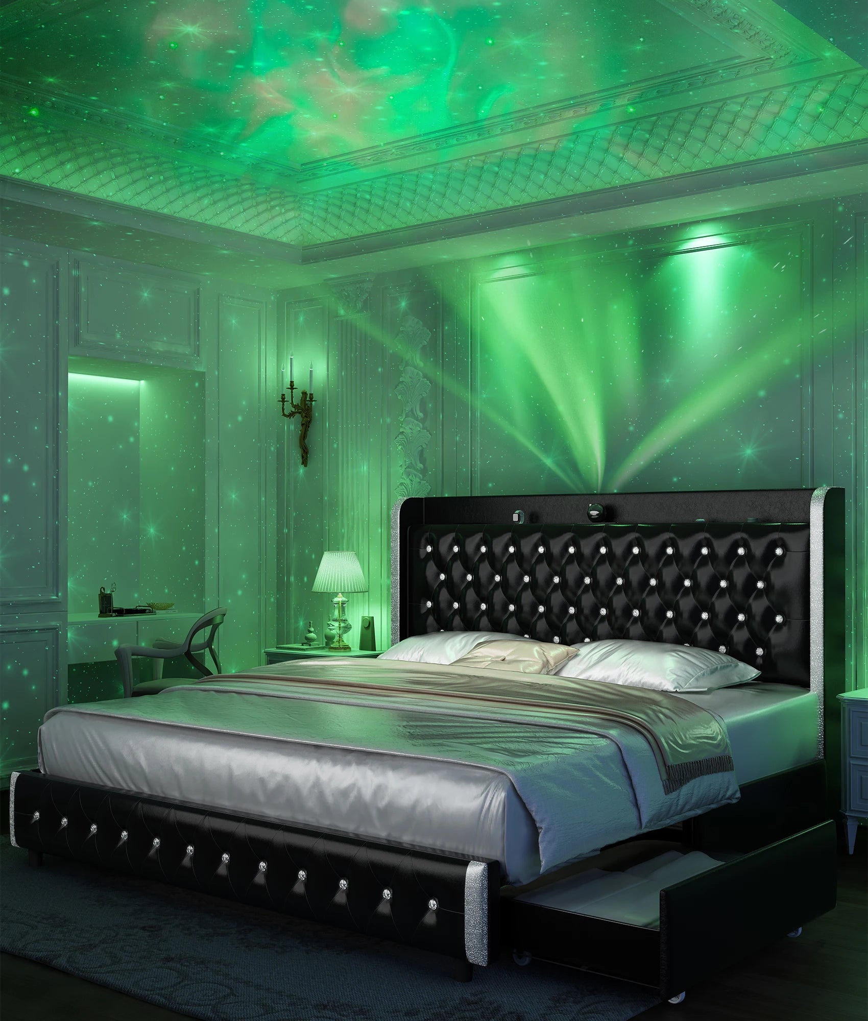 GEGOFORU Queen LED Bed Frame with Galaxy Projector, Bluetooth Speaker, USB Ports, 4 Drawers